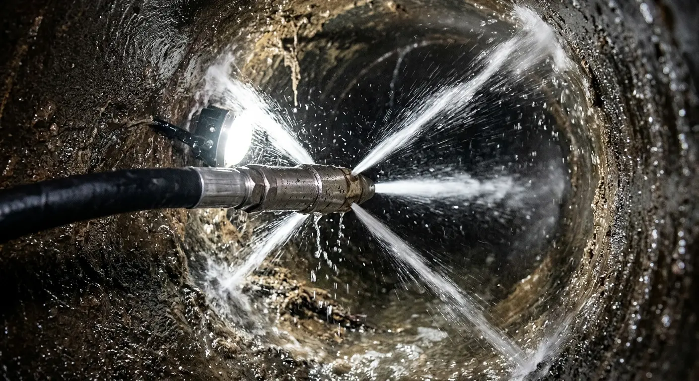 High-pressure hydro jetting nozzle cleaning sewer pipe for Trenchless Sewer Repair in Black Jack