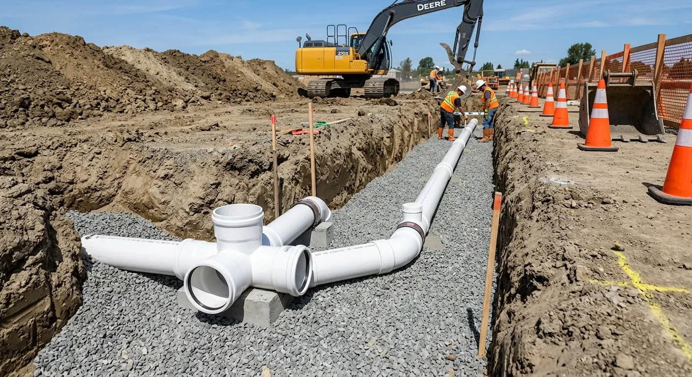 New PVC sewer pipe installation in open trench for Sewer Backup in Black Jack